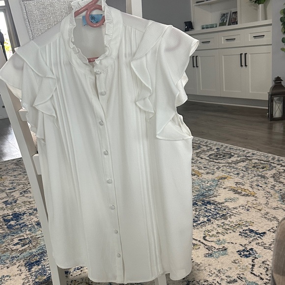 CeCe White Ruffle Button-Down Blouse - Picture 1 of 6